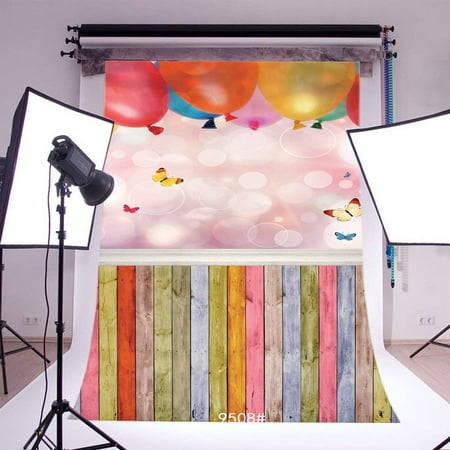Image of ABPHOTO Polyester 5x7ft Photography Backdrops Bokeh Halos Balloon Butterfly Multicolor Paint Stripes Wood Floor Seamless Newborn Baby Kids Adutls Portraits Background Photo Studio Props