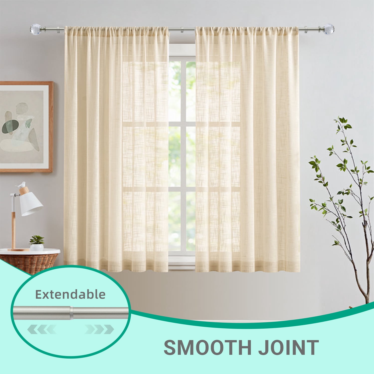 Curtain Rod Champagne Extendable Curtain Rod 48" to 120" Adjustable Curtain Rods Includes rods, ball finials, 3piece brackets, hardware kits