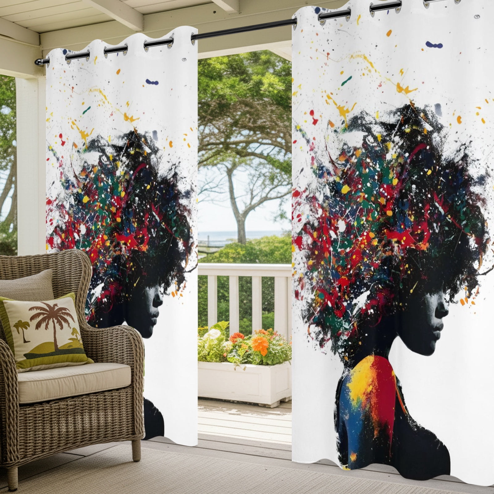 African American Outdoor Curtains for Patio, Colorful Sparkles Female Portrait Sunshade Privacy Drapes Grommet Waterproof Outside Curtains for Porch/Cabana/Balcony 54"x 108", 1 Panel