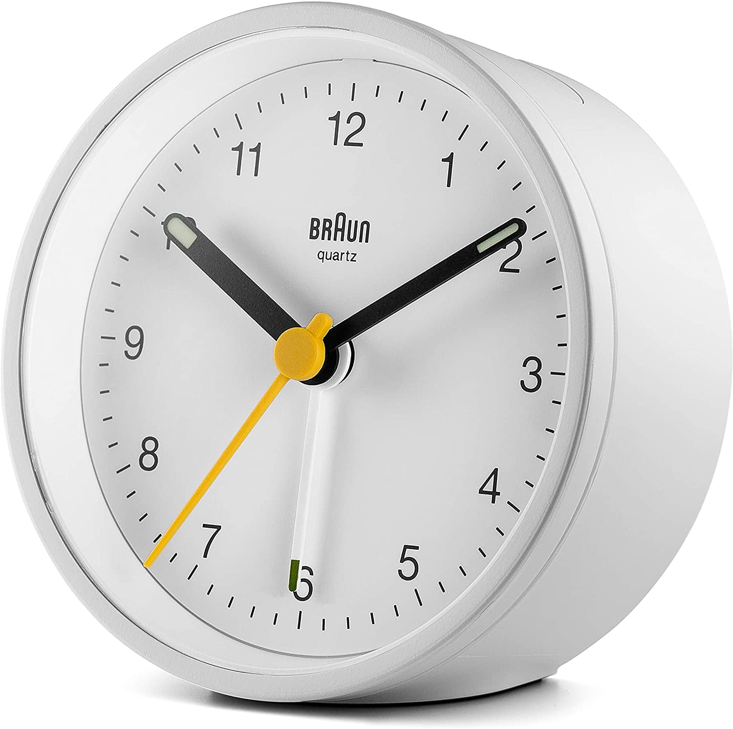 Braun Classic Analogue Alarm Clock with Snooze and Light, Quiet Quartz Movement, Crescendo Beep Alarm in White, model BC12W.