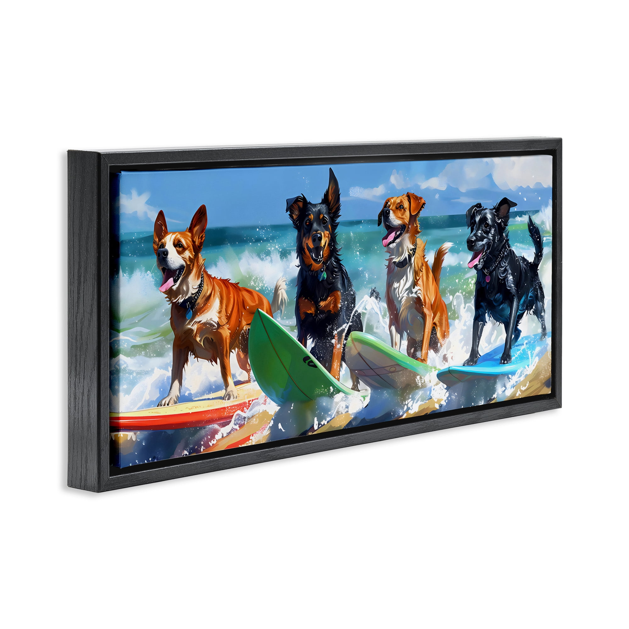 Stupell Industries Dogs on Surfboards Summer Fun Black Framed Floater Canvas Wall Art, design by Creative Studio