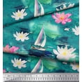 thumbnail image 2 of Soimoi Green Rayon Crepe Fabric Yacht & Lotus Flower Print Sewing Fabric BTY 46 Inch Wide, 2 of 3