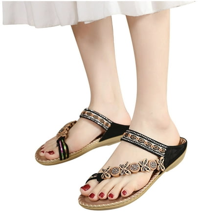 

Boho Slide Sandals for Women Girls Dressy Low Wedge Thong Sandals Casual Toe Ring Flat Sandals Cute Summer Bohemian Travel Flip Flop Sandal Shoes