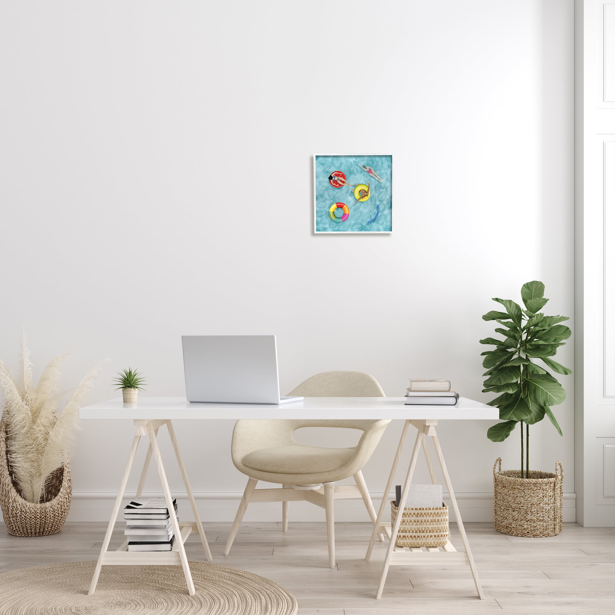 Grace Popp Swimmers In Pool Inner Tube Cool Blue Water 12 in x 12 in Framed Painting Art Prints, by Stupell Home Décor