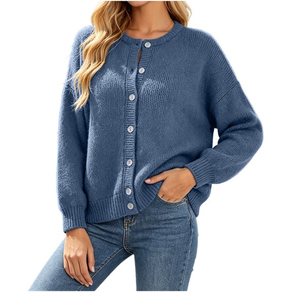 VSSSJ Women's Button Down Knit Cardigan Round Neck Loose Solid Long Sleeve Sweater Jacket Outerwear Casual Fall Winter Outfits Blue L