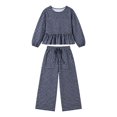 thumbnail image 5 of Szluipve 2 Piece Sets for Women Gingham Plaid Round Neck Long Sleeve Ruffle Peplum Top And Drawstring Wide Leg Cropped Pants 2 Piece Outfit Casual Loungewear Set With Pockets Dark Blue L, 5 of 6