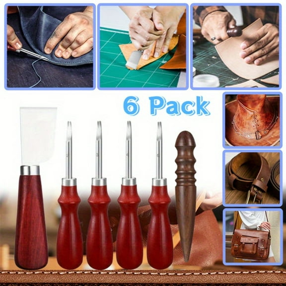 6 Piece Leather Craft Tool Set - Includes 4 Edge Beveler, Cutting Knife, Skiving Knife, and Sandalwood Burnisher (1.5 Mm, 1.2 Mm, 1.0 Mm, 0.8 Mm)