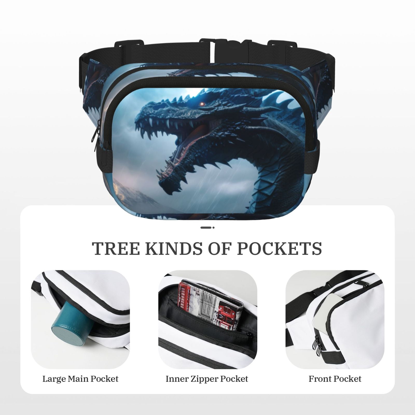Picia Blue Thunder Storm Dragon Print Square Double-Layer Waist Bag Mini Adjustable Waist Belt Bag Exercise Running Travel Hiking