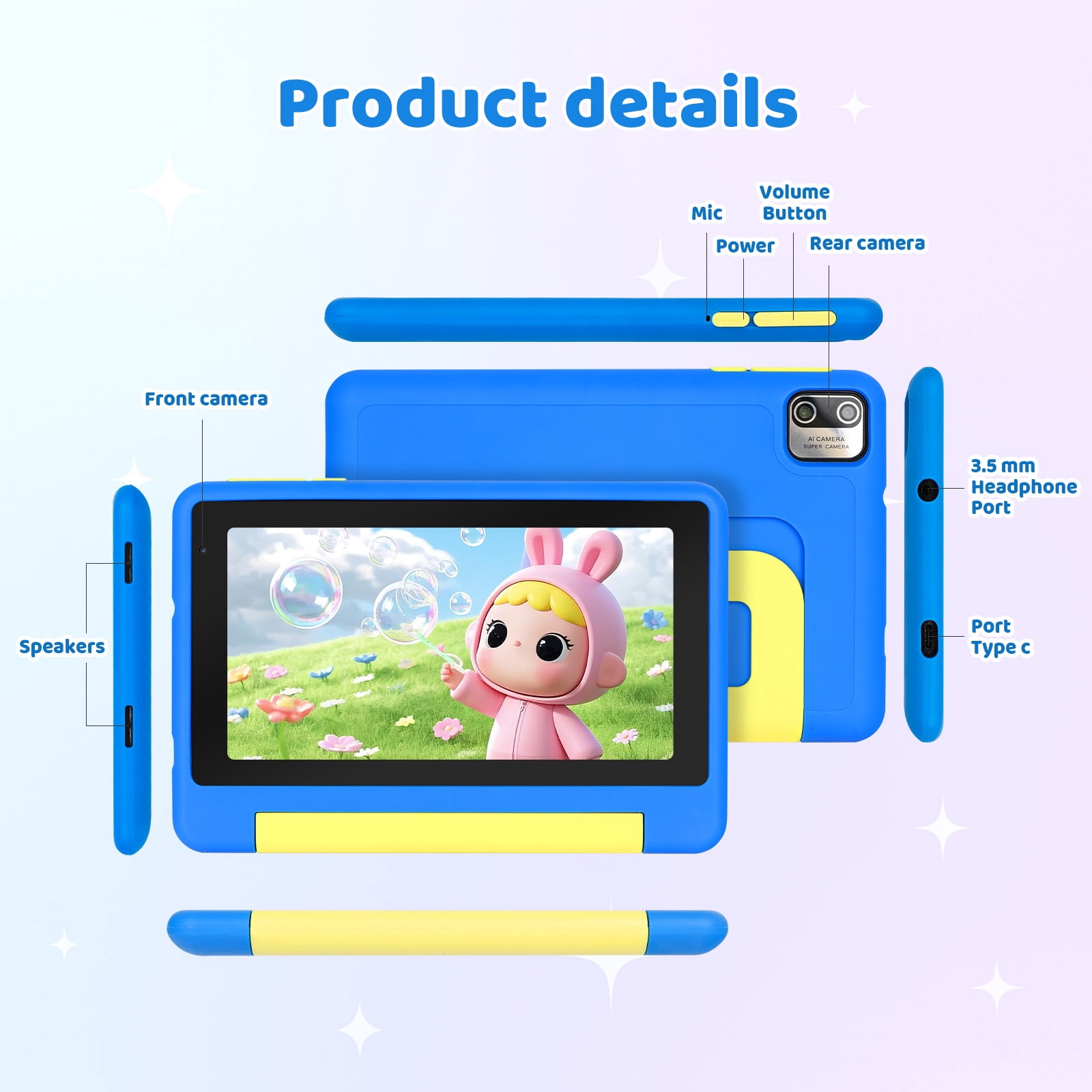 AEEZO 7 Inch Kids Tablet Bundle, 8GB RAM 64GB, Learning Tablet for Kids Ages 3-10 with Headphones Stylus Bag, Blue