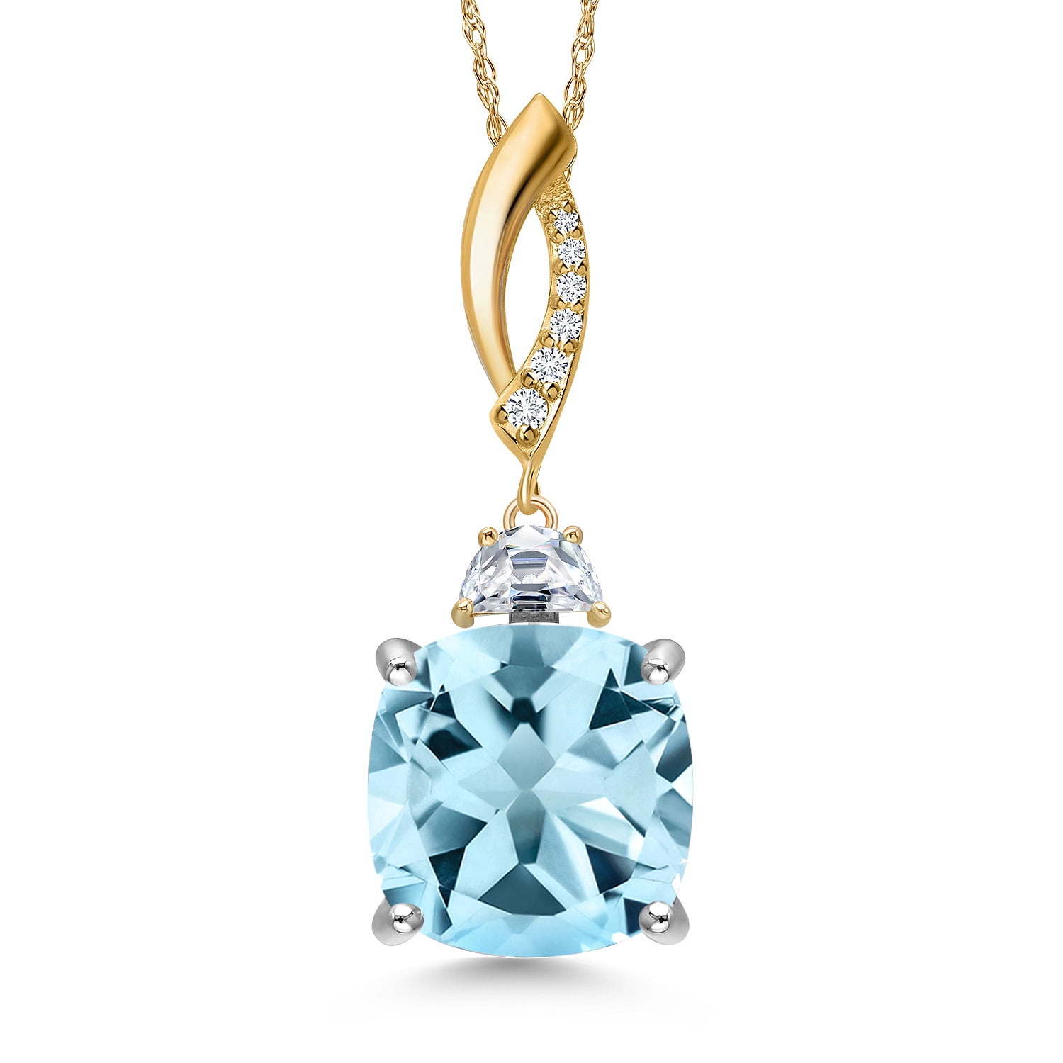 925 Silver and 10K Yellow Gold Sky Blue Topaz and White Moissanite and Lab Grown Diamond Pendant Necklace for Women | 9.14 Cttw | Gemstone November Birthstone | Cushion 12MM | With 18 inch Chain