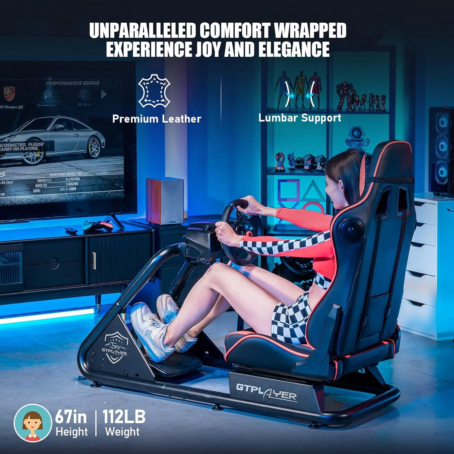 GTPLAYER Racing Simulator Cockpit Alloy Steel Adult Gaming Chair with Bluetooth Speakers, Red/Black
