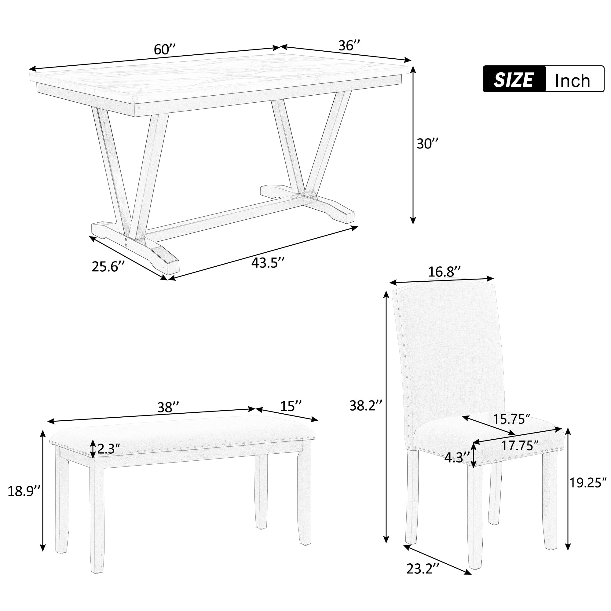 Howcool Modern 6-Piece Dining Set, Marbled Veneers Tabletop, V-Shaped Legs, 4 Chairs & Bench, White