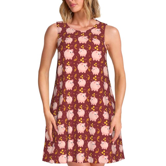 Easygdp Cute Pig with Coins para Vestido Transpirable de Mujer, Vestido Suelto de Manga Corta con Pliegues y Bolsillos para el Verano