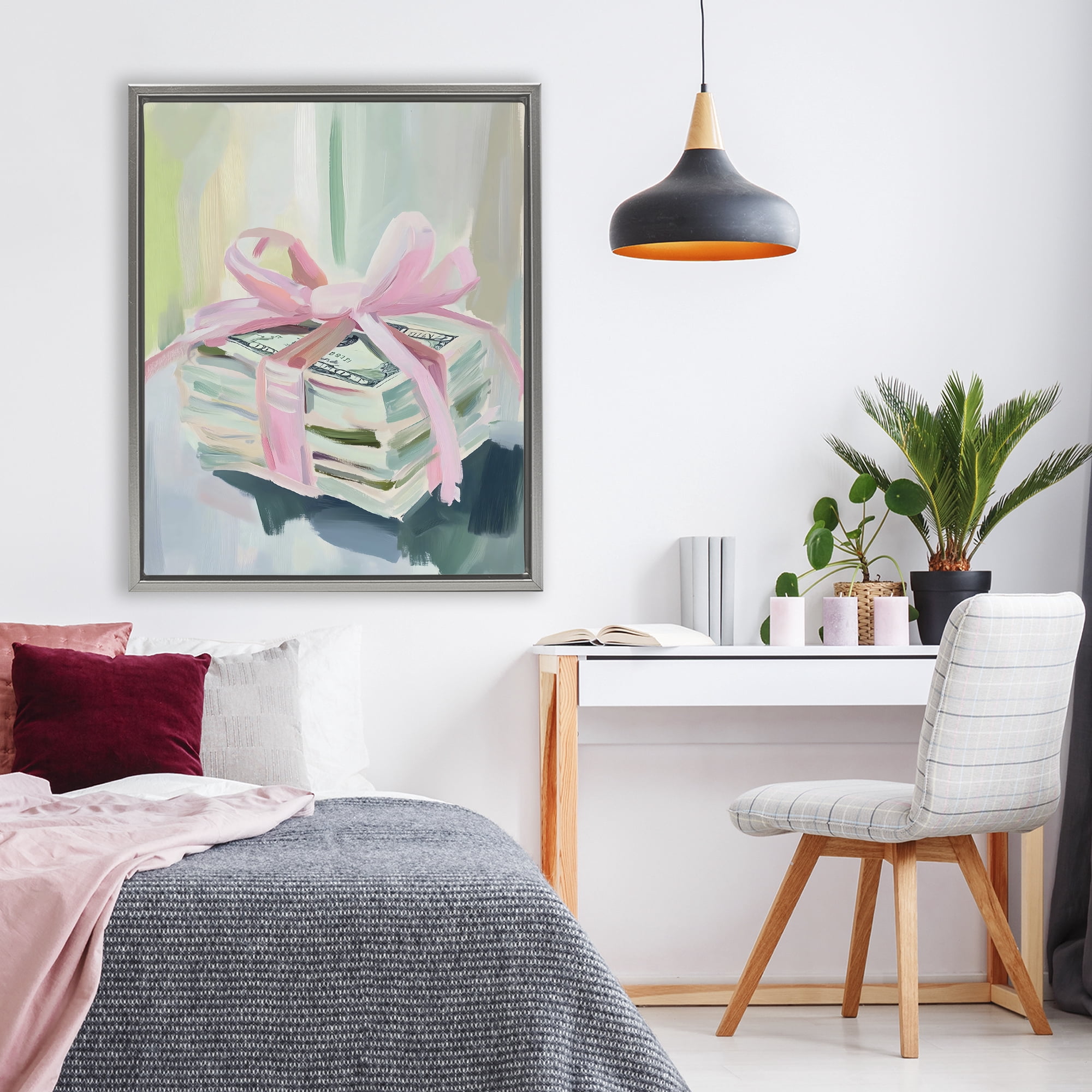 Stupell Industries Pink Bow Cash Bundle Gray Framed Floater Canvas Wall Art, design by The Prints Vibe