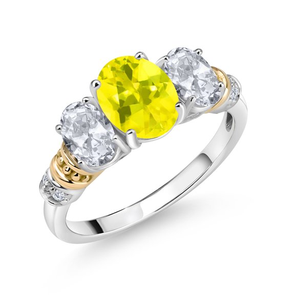 Gem Stone King 925 Sterling Silver and 10K Yellow Gold Oval Canary Mystic Topaz White Topaz and White Diamond 3 Stone Ring for Women (2.79 Cttw, Gemstone Birthstone, Size 8)