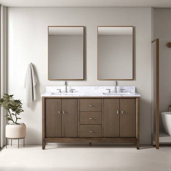 Vanity Art 60" Bathroom Vanity with Sinks and Engineered Marble Top, Freestanding Storage Cabinet with 2 Drawers, 2 Shelves and 1 Flip Down Tray