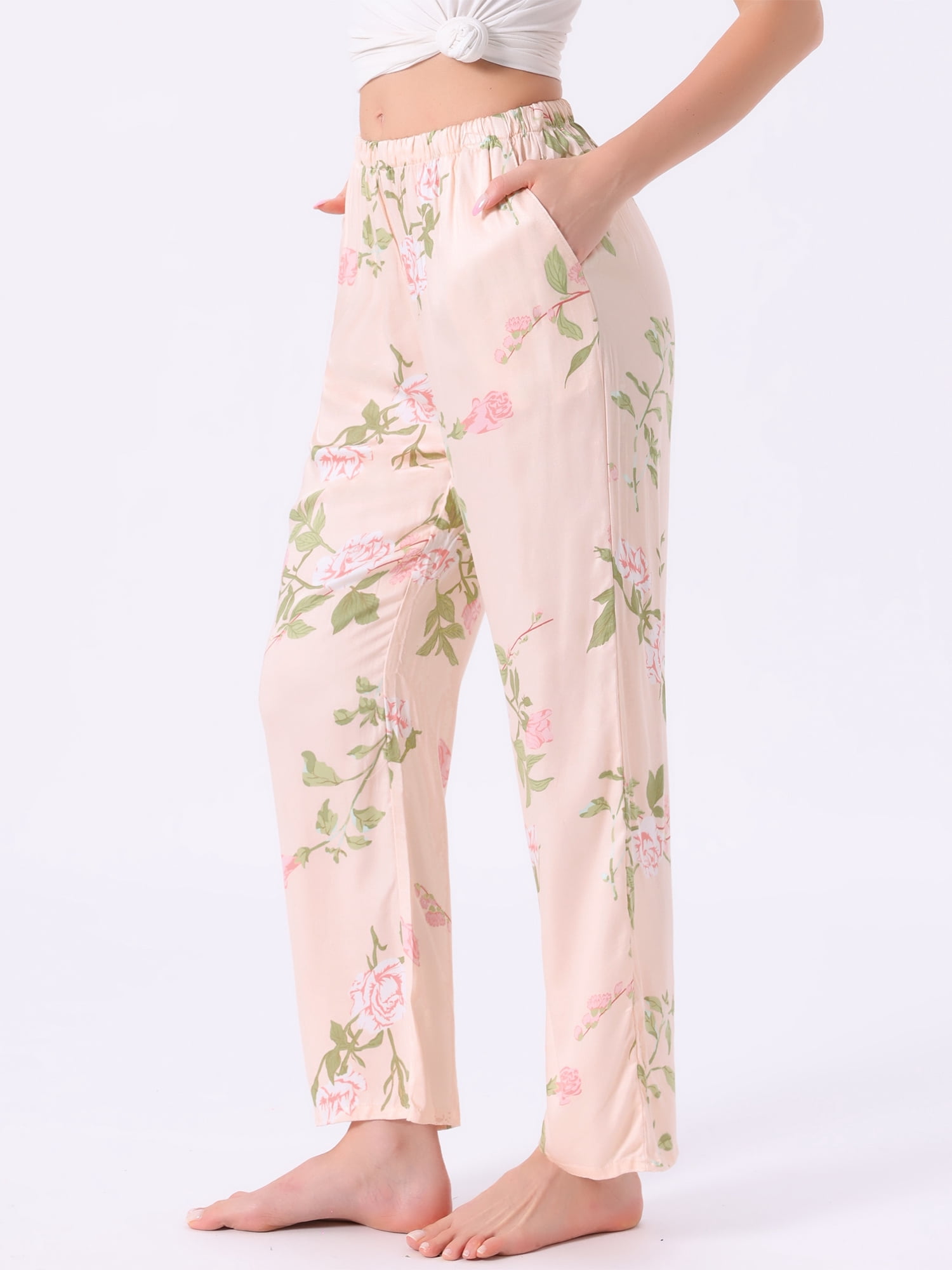 DARING DIVA Women's Floral Dot Pattern Wide Leg Pants with Pocket L Yellow