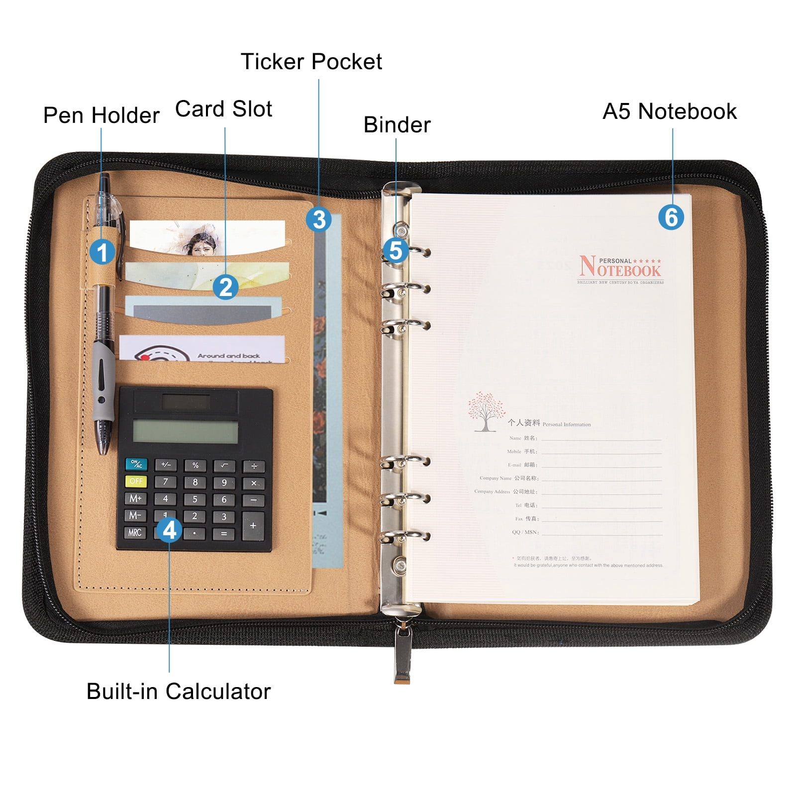 Simpolor Carnet de reliure à anneaux A5 en cuir, classeur à 6 anneaux Simpolor Carnet de reliure à anneaux A5 en cuir, classeur à 6 anneaux