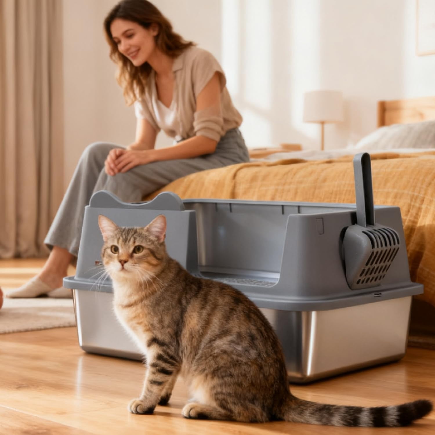 Stainless Steel Cat Litter Box, Open Top High-Sided Metal Litter Box with Scoop, Extra Large Litter Boxes for Kitty Kitten and Big Cats, Anti-Urine Leakage, Non-Sticky, Easy to Clean (Grey)