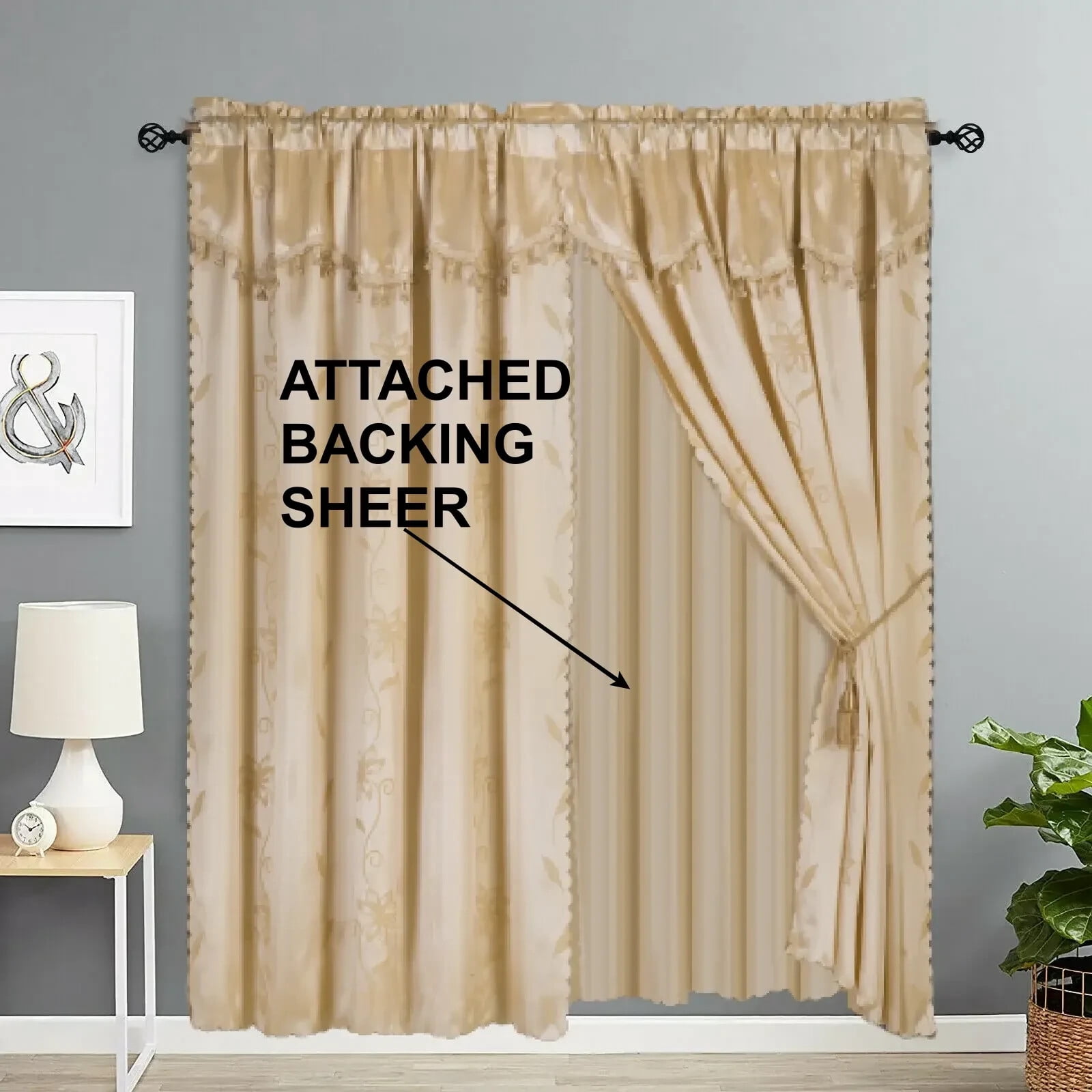 Nada Gold Complete Set Window Curtain Floral Faux Silk Panels Attached Valance and Backing Sheer Rod Pocket 120" W X 84" L