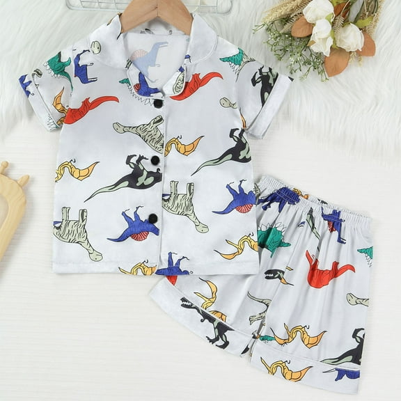 DAETIROS Dino Pajamas Sets for Boys-Soft Fashion Short Sleeve Shirts and Cute Shorts Boys Summer Lounge Set on Clearance Silver Size 12M-7