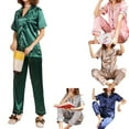 thumbnail image 4 of Femmes Été Satin Pyjama Ensemble Manches Courtes Revers à Poitrine Simple Tops + Pantalons, 4 of 5