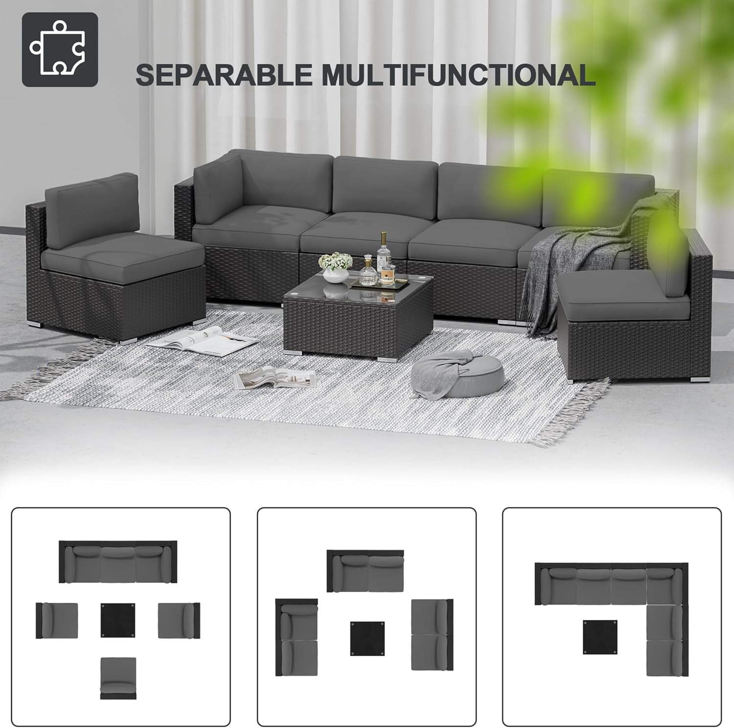 SUNCROWN 7-Piece Outdoor Patio Furniture Sofa Set All-Weather Black Wicker Sectional Conversation Set with Modern Glass Coffee Table and Cushions (Grey)