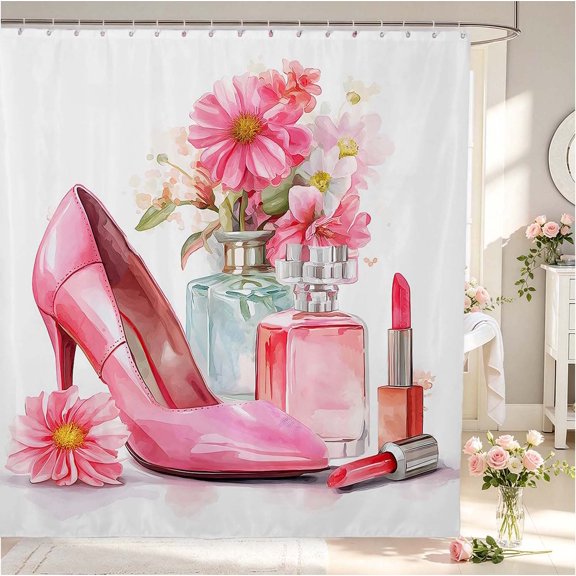 Erosebridal Elegant High Heels Shower Curtain 72Wx72L,Retro Perfume Bathroom Curtain,White Blue