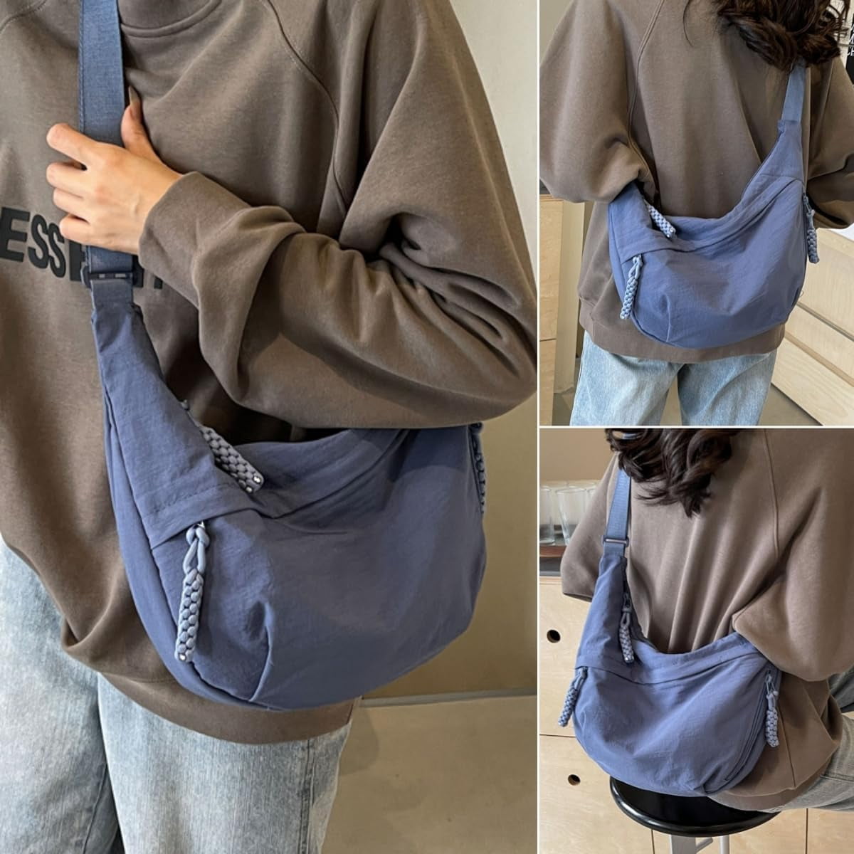 NANAHuang Nylon Crossbody Bags for Women, Trendy Medium Crescent Bag, Lightweight Woman Over Shoulder Purse with Zipper