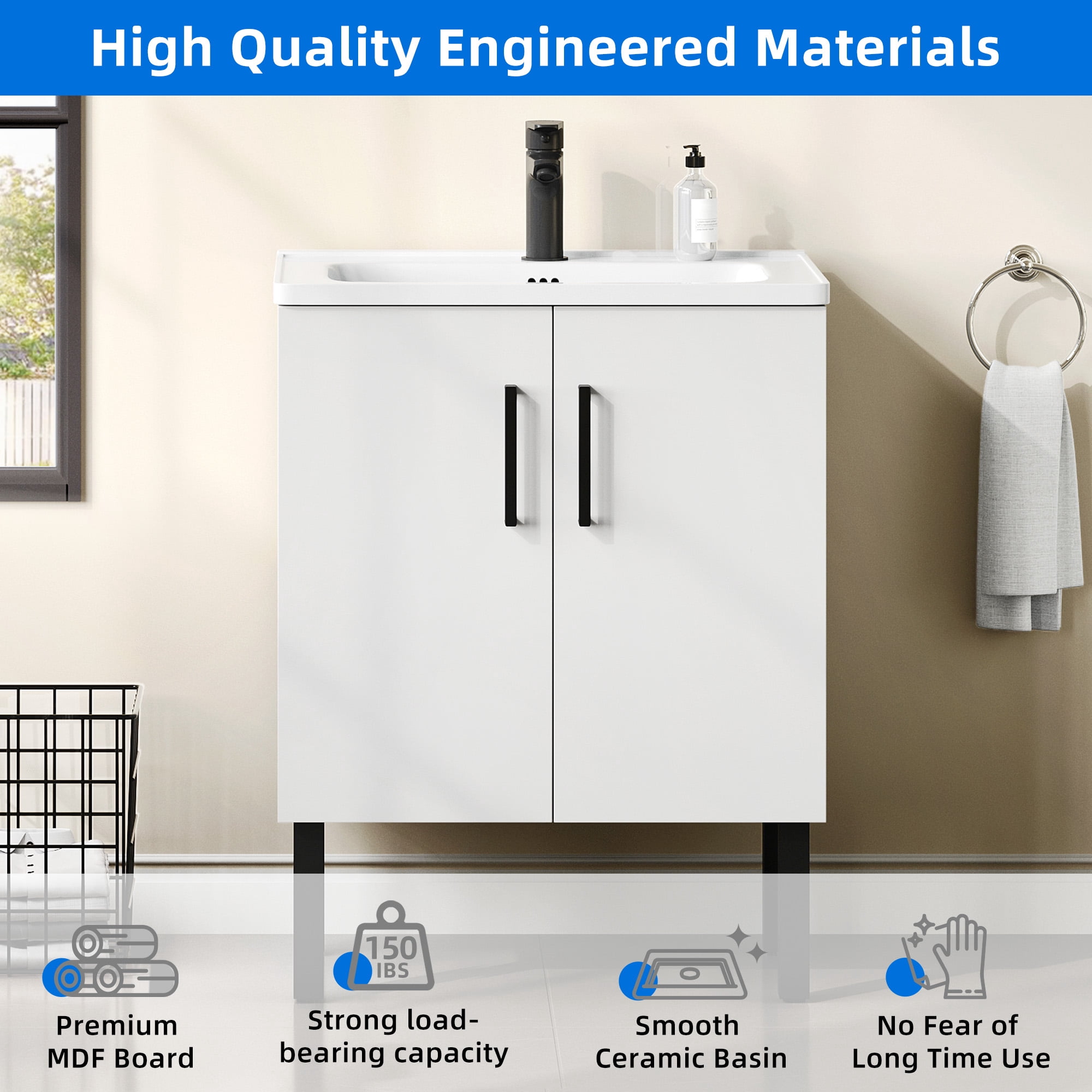 Uforic 24 Inch Bathroom Vanity with Sink Top, Free Standing Bathroom Storage Cabinet with Under-mount Sink, White