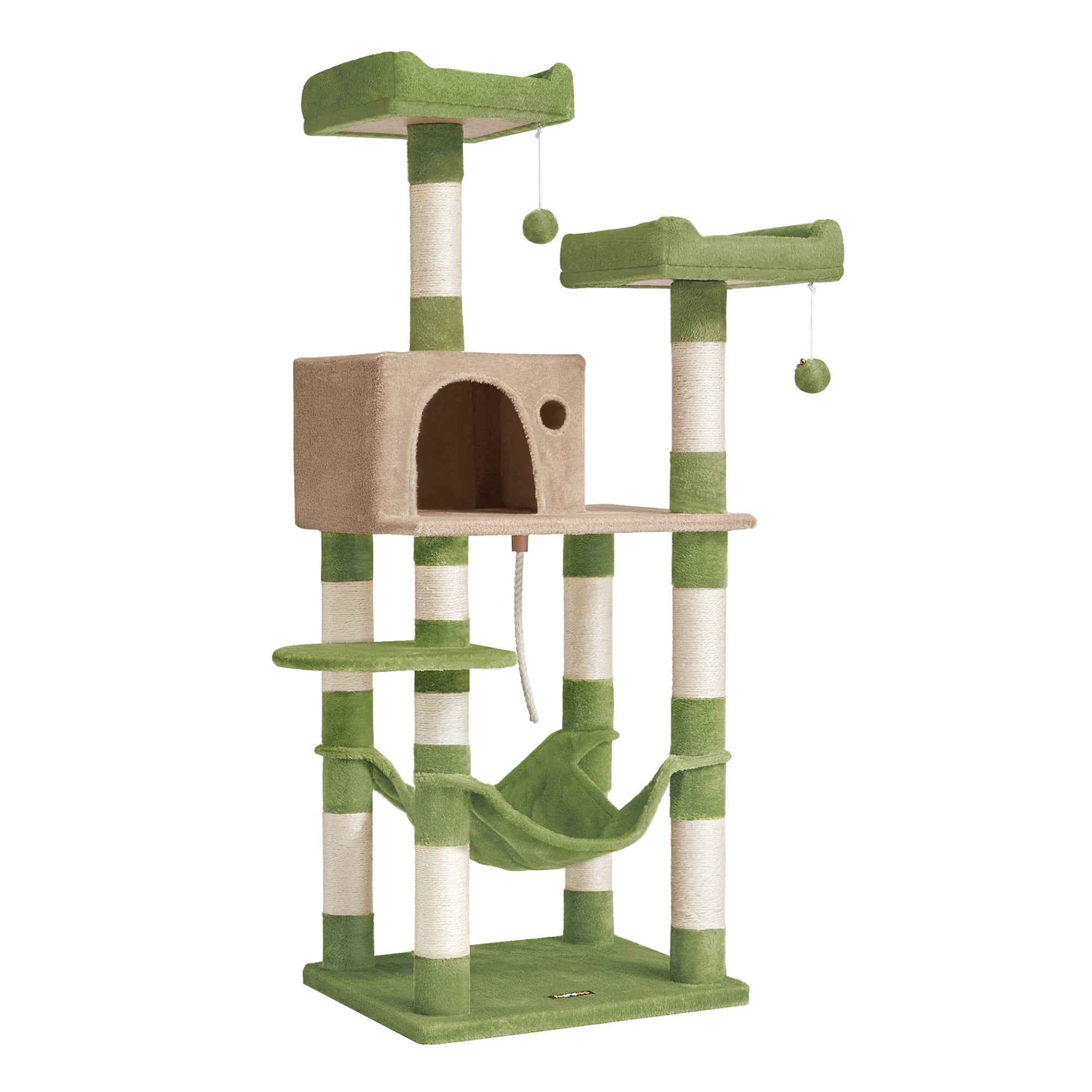 Feandrea 56.3-Inch Multi-Level Cat Tree with 11 Scratching Posts, 2 Perches, Cave, and Hammock for Multiple Cats, Grass Green and Brown