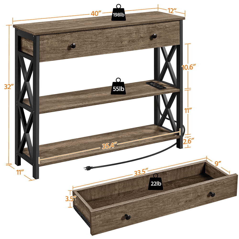 Alden Design Vintage Wooden Console Table with Power Outlet for Entryway, Taupe Wood