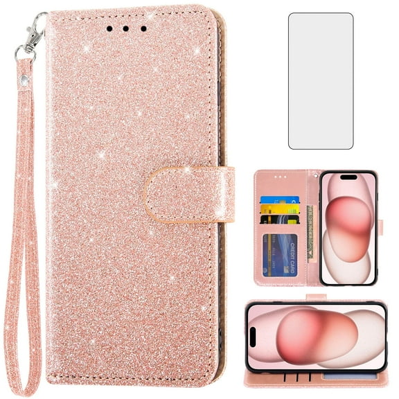 Compatible with iPhone 15 Plus 6.7 inch Wallet Phone Case and Tempered Glass Screen Protector Flip Credit Card Holder Stand Bling Glitter Cell Cover for i Phone15 15  i15   15Plus Women Pink