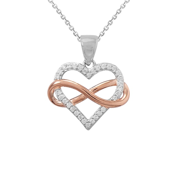 Precious Stars Sterling Silver Two-tone Cubic Zirconia Heart Pendant with 16-inch Cable Chain