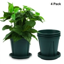 4 Pcs 6 inch Plastic Planters with Multiple Drainage Holes and Tray - Plant Pots for All Home Garden Flowers Succulents, Matte Black