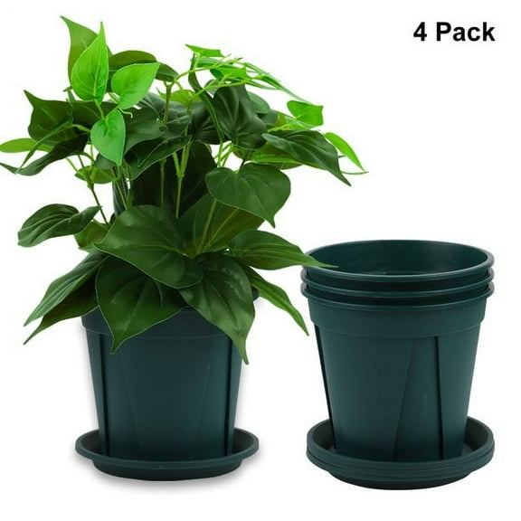 4 Pcs 6 inch Plastic Planters with Multiple Drainage Holes and Tray - Plant Pots for All Home Garden Flowers Succulents, Matte Black