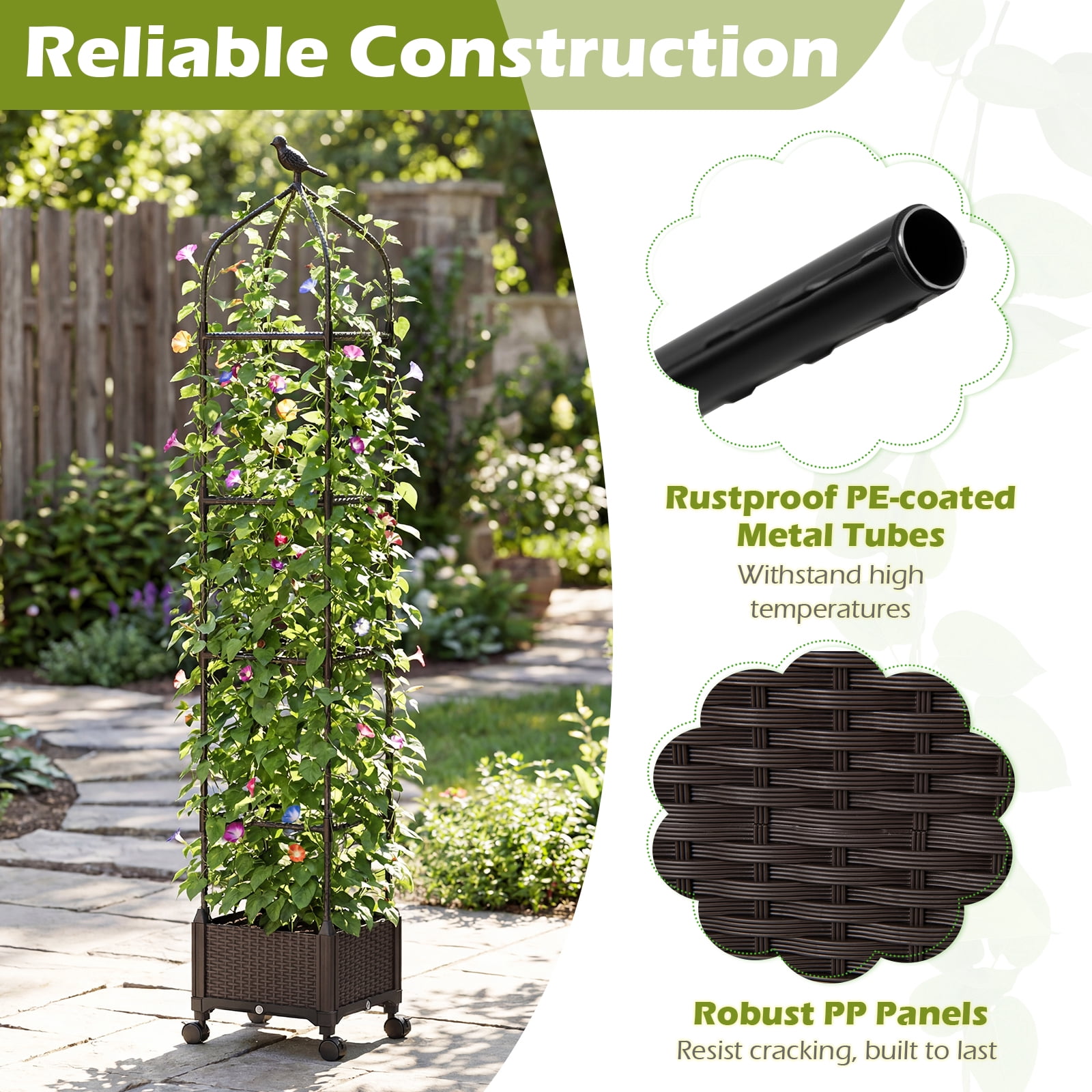 Costway 1 PCS Raised Garden Bed Tomato Cage Planter Box with PE-Coated Metal Trelli Wheels