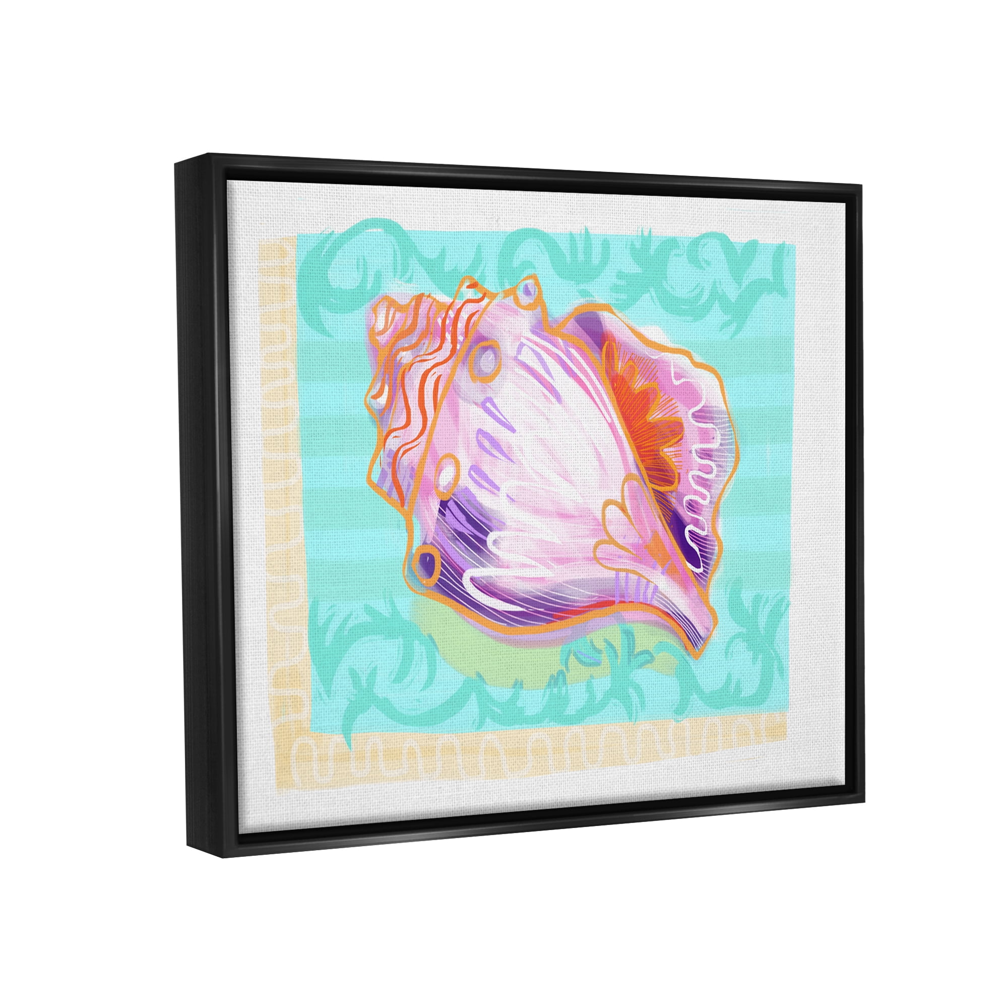 Stupell Industries Patterned Conch Seashell Illustration Nautical Sea Life Graphic Art Jet Black Floating Framed Canvas Print Wall Art, Design by unknown