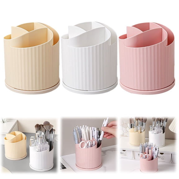 CoreLiving 4-Slot 360-Degree Spinning Desk Pen Holder, Rotating Pencil Organizer for Office Supplies, Multi-Functional Storage Cup for Desktop Art Supplies, Beige