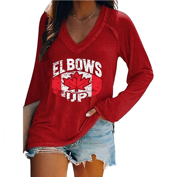 MHFRRA Camiseta Informal de Manga Larga con Cuello En V y Estampado Canadiense para Mujer Rojo
