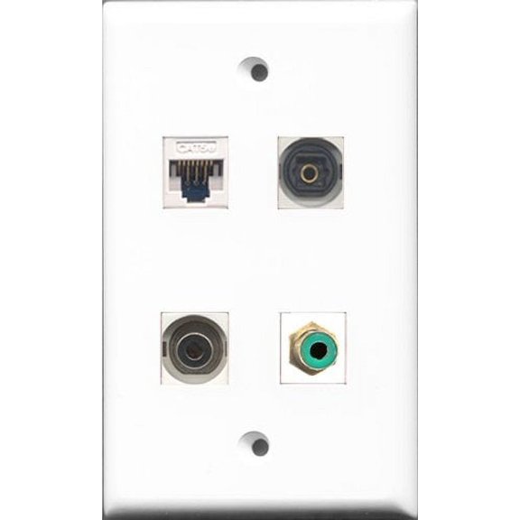 RiteAV 1 Port RCA Green and 1 Port Toslink and 1 Port 3.5mm and 1 Port Cat5e Ethernet White Wall Plate