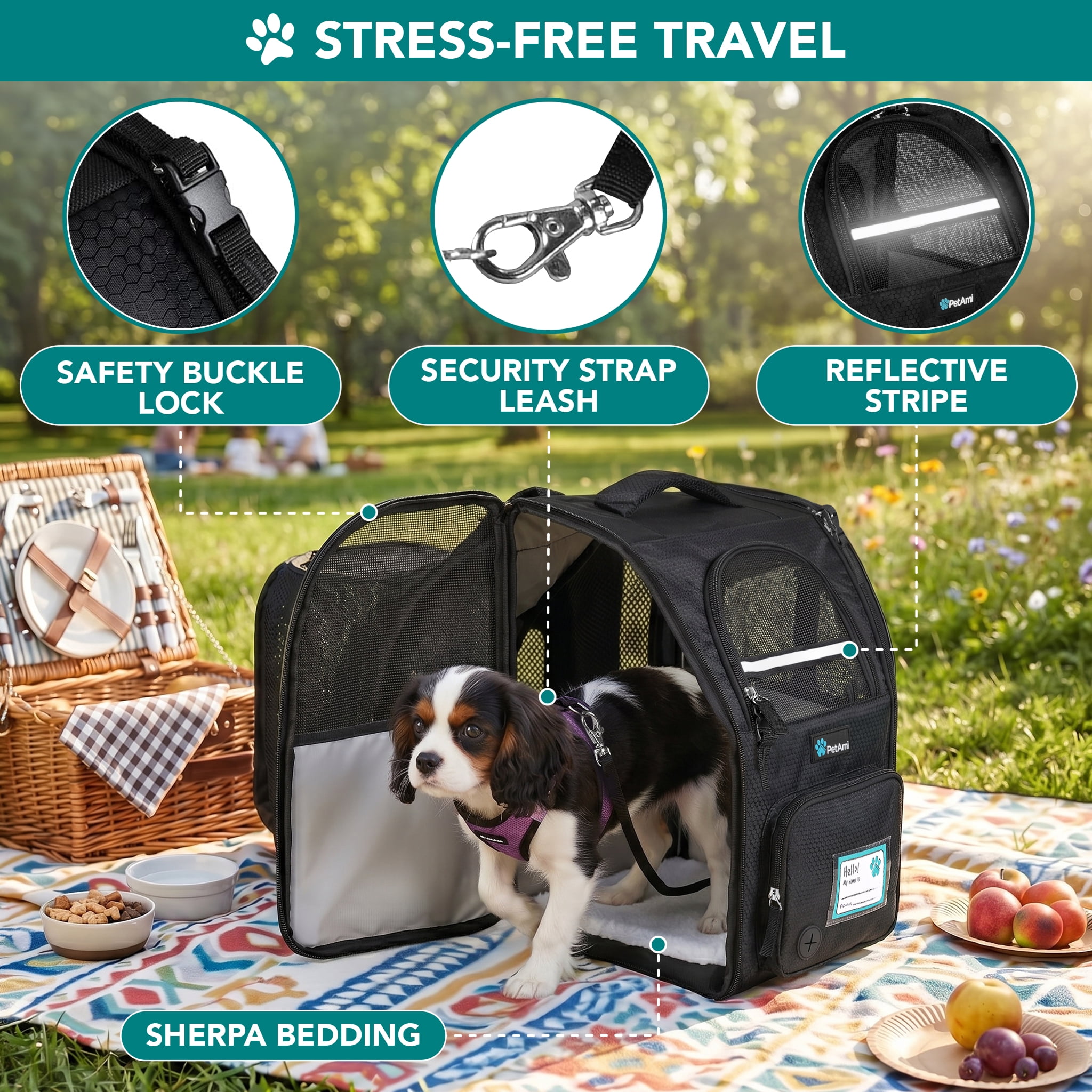PetAmi Expandable Dog Backpack Carrier for Cats & Pets, Breathable Cat Carrier Backpack with Top Window & Multi-Entry, Ventilated Foldable Travel Carrier for Small Medium Pets up to 18 lbs, Black
