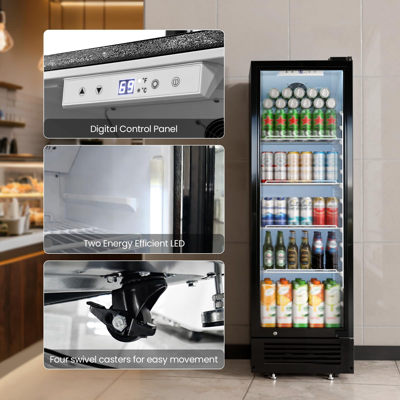 Auseo 9 Cu.Ft Commercial Refrigerator, Double-Tempered Glass Door Beverage Fridge with Wheels, Low-Noise Outdoor Drink Cooler for Bar, Office, Restaurant or Home