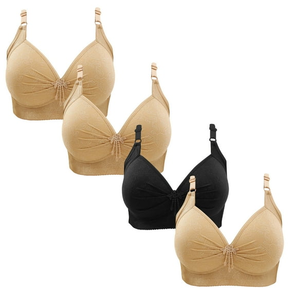 WREESH 4 Pack Push-Up Bra Women Lace Flower Gathered Together Large Size Daily Bra Underwear No Underwire Bras Underwear Beige