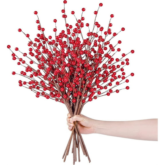 Triani 12Pcs Christmas Holly Flowers Picks 14.17 Inch Artificial Red Berry Stems Red Artificial Berry Branches for Xmas Winter Holiday Home DIY Ornaments