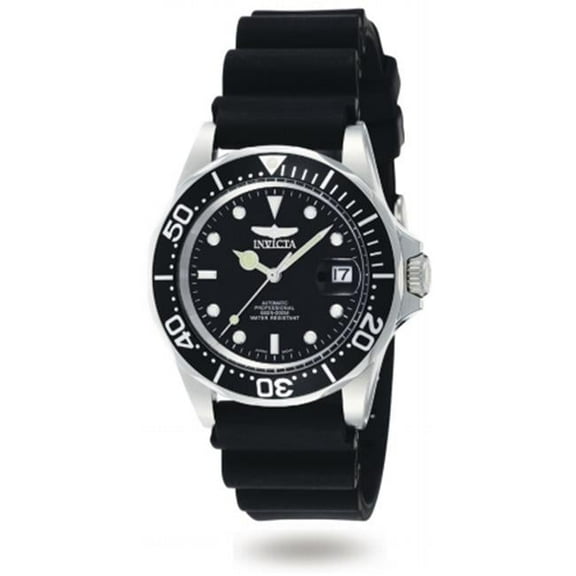 Invicta Mens Automatic Pro Diver in Stainless Steel on a Black Rubber Strap With a Black Dial Watch