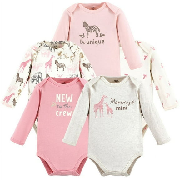 Touched by Nature Infant Girl Organic Cotton Long-Sleeve Bodysuits, Girl Safari, 0-3 Months