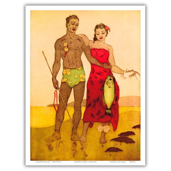 Fisherman (Lawaiʻa) - Hawaii - Royal Hawaiian Hotel - Vintage Color Aquatint Etching by John Melville Kelly c.1940s - Master Art Print (Unframed) 9in x 12in