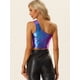 thumbnail image 4 of Top corto metalizado blusa fiesta un hombro mujer Allegra K Azul púrpura L, 4 of 6