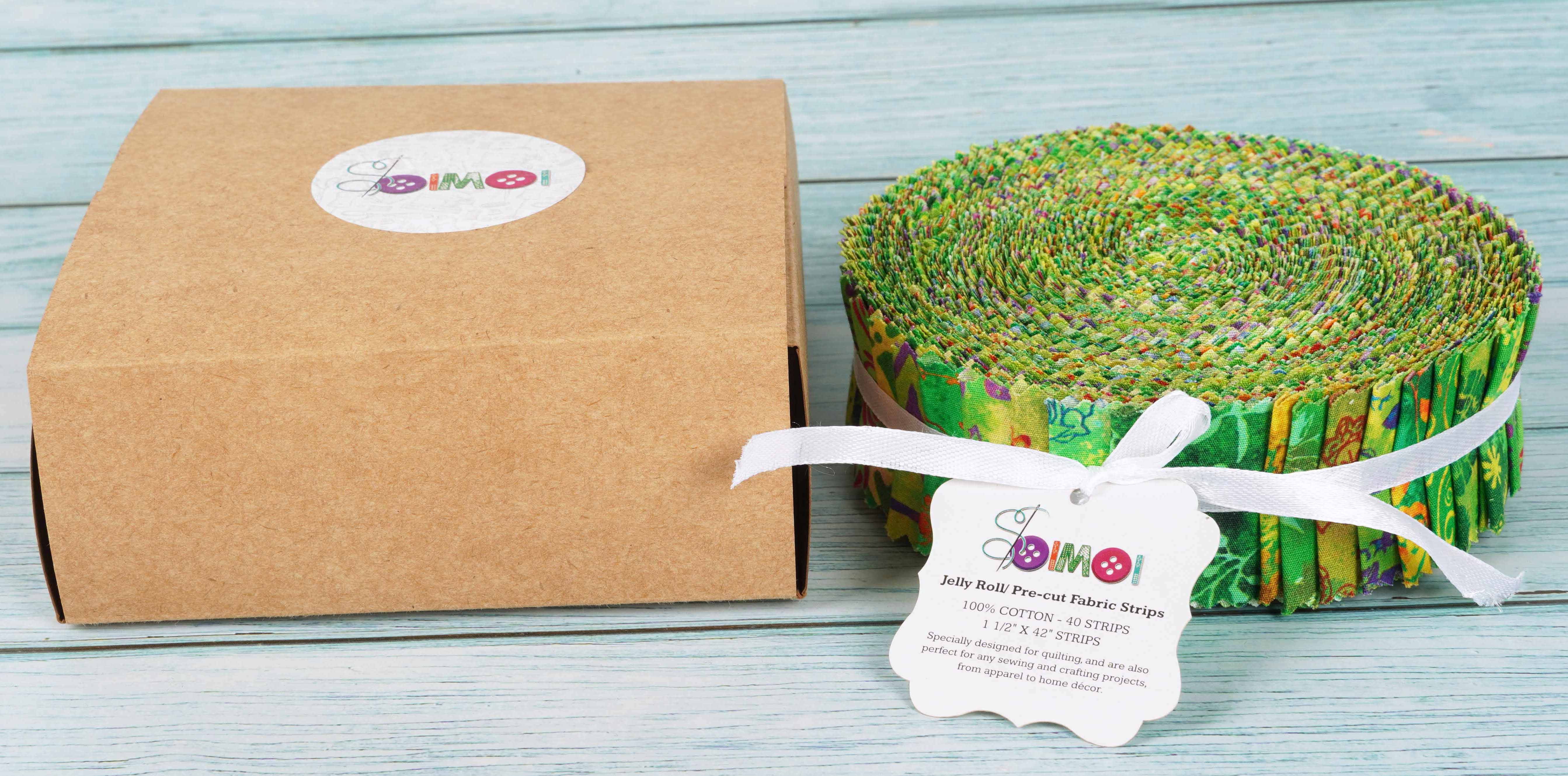 Soimoi 40Pcs Batik Print Precut Fabrics Strips Roll Up 1.5x42inches Cotton Jelly Rolls For Quilting - Green